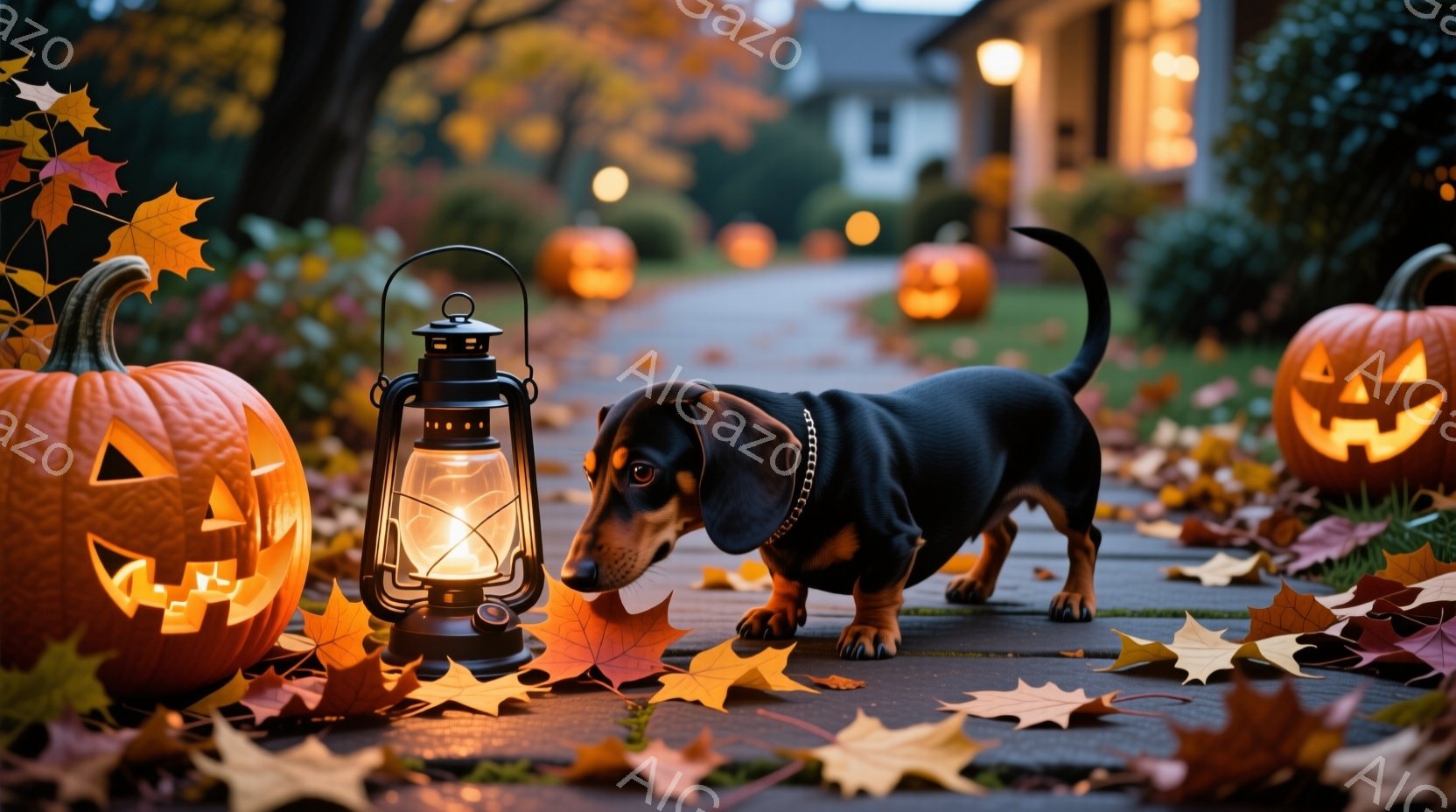 黒いダックスフンドが、ハロウィンのカボチャが並ぶ庭で、点灯したランタンの匂いを嗅いでいます。背景には、暖色の光を放つ家と、落ち葉が散らばる道が見え、秋の夕暮れの温かく幻想的な雰囲気を醸し出しています。カボチャのジャック・オー・ランタンのほほえみと、犬の好奇心に満ちた表情が、お祝いのムードをさらに高めています。