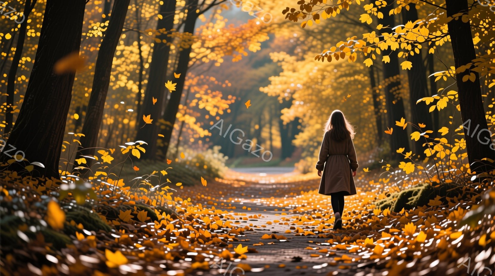 長い茶色の髪を背中に流した女性が、落ち葉が敷き詰められた道を歩いている。彼女はベージュ色のコートを着ており、後ろ姿からは穏やかな雰囲気が伝わってくる。背景は秋の森で、鮮やかな黄色の葉が木々を覆い、柔ら - AI生成フリー素材