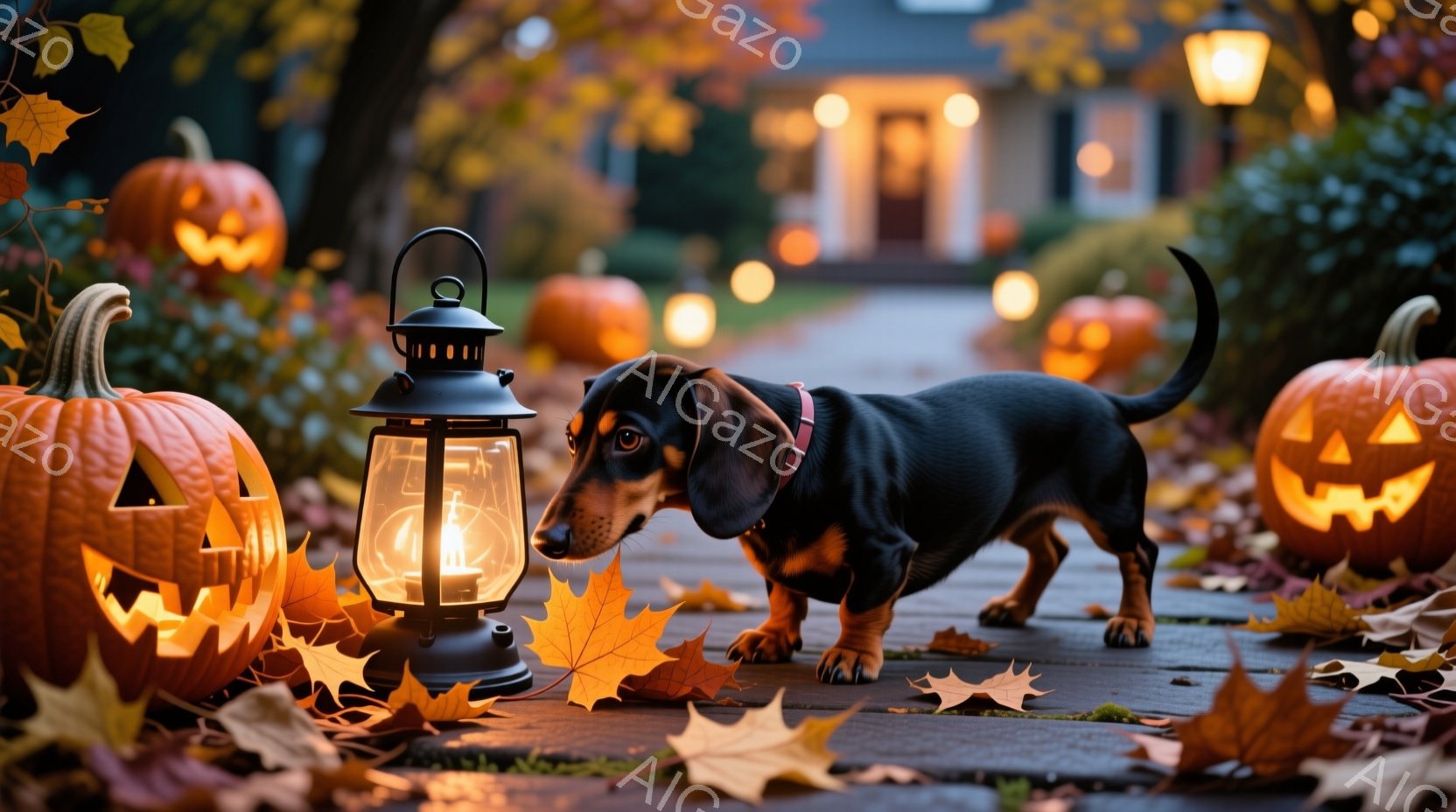 黒いダックスフントが、ハロウィーンの装飾が施された庭の小道に立っている。周りには、彫刻が施されたカボチャや落ち葉、そして点灯したランタンが置かれ、暖かく幻想的な雰囲気を醸し出している。犬は赤い首輪をつけており、何かに興味を持って鼻を地面に近づけている。