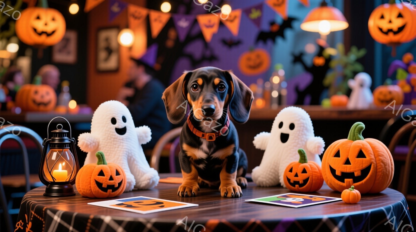 長い胴体を持つダックスフンドが、ハロウィーンの装飾品に囲まれてテーブルの上に座っています。背景には、カボチャのランタン、お化けのぬいぐるみ、ハロウィーンの旗飾りが飾られており、お祝いの雰囲気を醸し出しています。犬は落ち着いた表情で正面を見つめており、テーブル全体が暗い光に照らされ、ハロウィーンの夜の魅力を引き立てています。