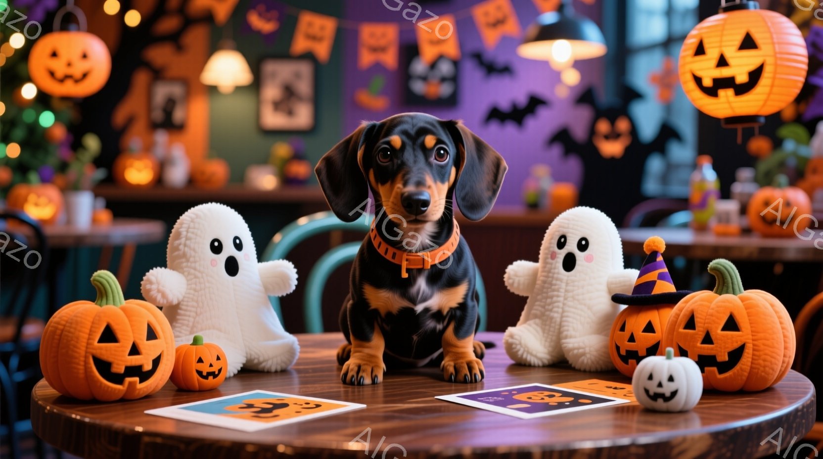 ダックスフントが、ハロウィーンの飾りで彩られたテーブルの中央に座っています。周りには、カボチャのランタンや可愛らしいお化けのぬいぐるみ、ハロウィーンをテーマにした紙が置かれ、テーブルは丸みを帯びた木目調です。背景には、ハロウィーンの装飾が施された壁や、ぼんやりと見える植物が見え、全体的に温かく、お祝いムードに満ちた雰囲気です。