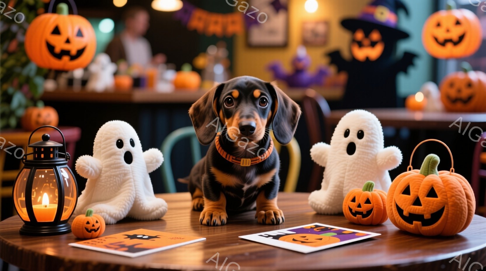 ダックスフンドが、ハロウィーンの装飾品に囲まれたテーブルの中央に座っています。犬は首輪をつけており、まっすぐに前を見つめて、少し真剣な表情をしています。背景には、カボチャのランタン、お化けのぬいぐるみ、ハロウィーンをテーマにした装飾が散りばめられ、お祝いムードが漂っています。