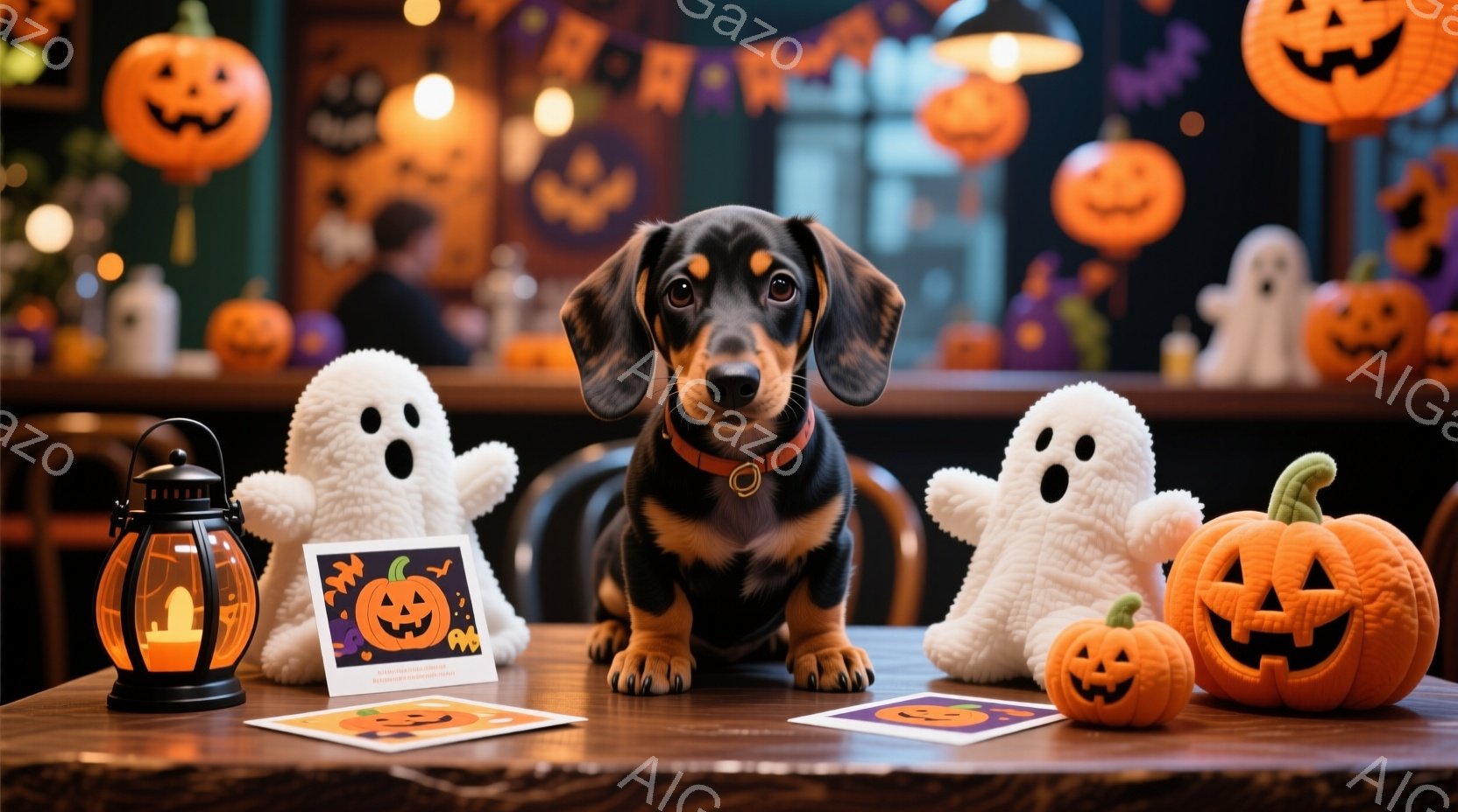 長い胴体をしたダックスフンドが、ハロウィーンの飾り付けがされたテーブルの中央に座っています。首輪をつけており、少し前を向いてこちらを見ています。背景には、様々な大きさのジャック・オー・ランタンや幽霊のぬいぐるみが散りばめられ、ハロウィーンの雰囲気が漂っています。