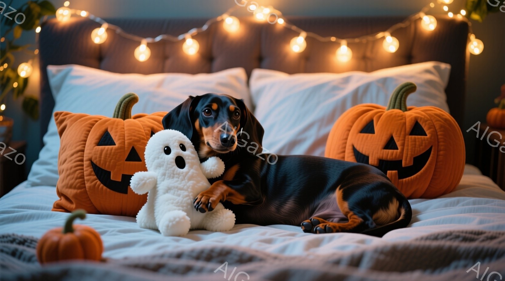 黒いダックスフンドが、ハロウィーンをテーマにしたオレンジ色のジャック・オー・ランタンの枕と白いお化けのぬいぐるみと一緒にベッドに横たわっています。犬はリラックスした姿勢で、わずかに微笑んでいるように見え、背景には温かい光のイルミネーションが飾られています。全体的に、この画像は居心地が良く、お祝いムードで、ハロウィーンの準備をしている様子を感じさせます。