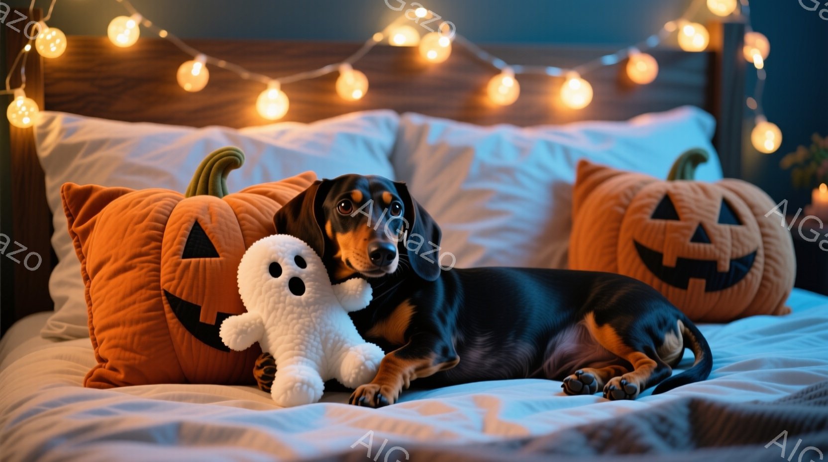 長い胴体を持つダックスフンドが、ハロウィーンをテーマにしたオレンジ色のカボチャ型クッションと白いゴーストのぬいぐるみに囲まれてベッドに横たわっています。犬はリラックスした様子で、穏やかな表情をしています。背景には、温かい光を放つハロウィーンのライトが飾られ、全体的に暖かく、居心地の良い、お祭りの雰囲気を醸し出しています。