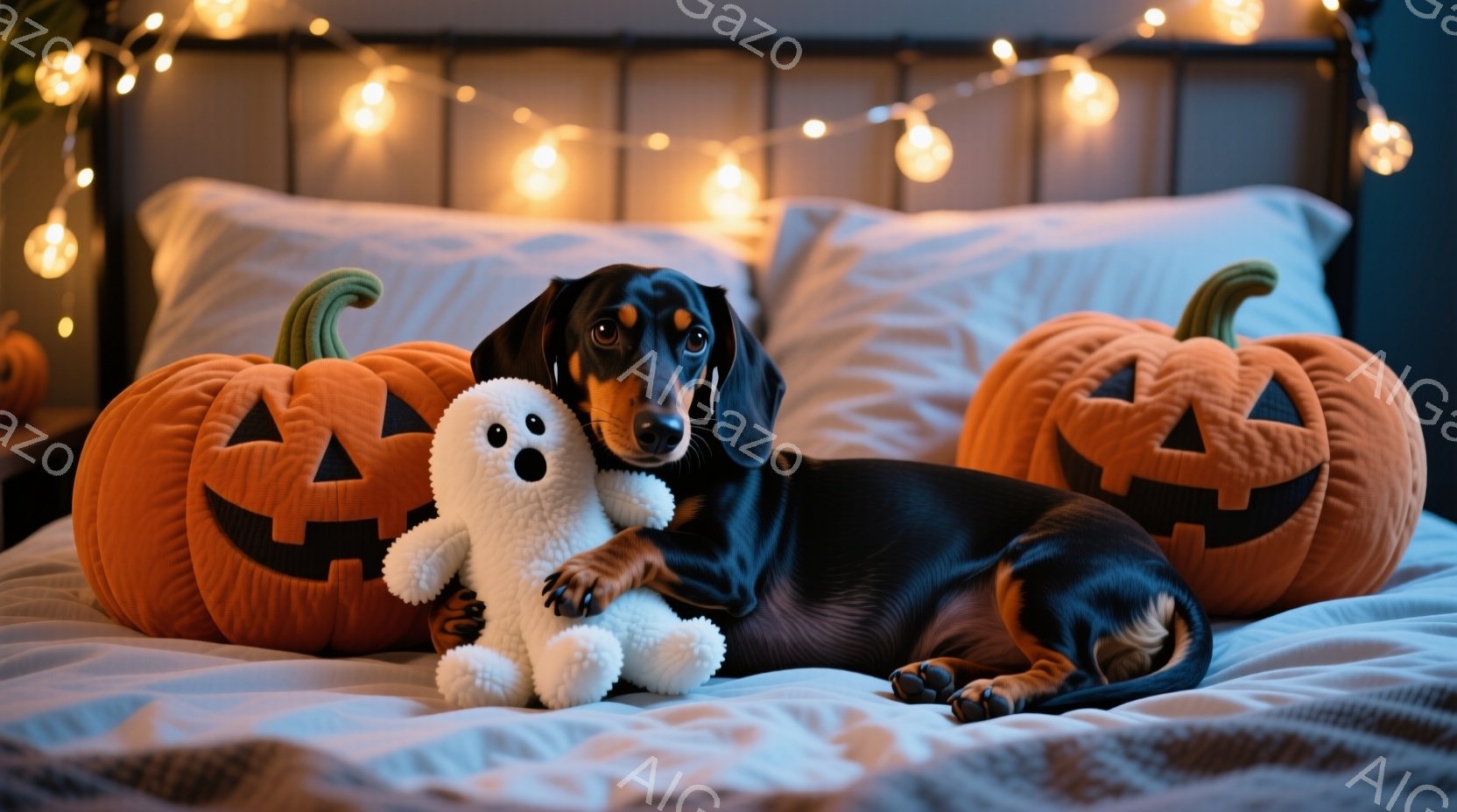 長い胴体を持つダックスフンドが、ハロウィーンのオレンジ色のカボチャのクッションに寄り添ってベッドに横たわっています。白い幽霊の人形を抱え、リラックスした表情を浮かべています。ベッドの背景には、温かみのある光を放つストリングライトがあり、全体的に暖かく、お祝いムードに満ちた雰囲気です。