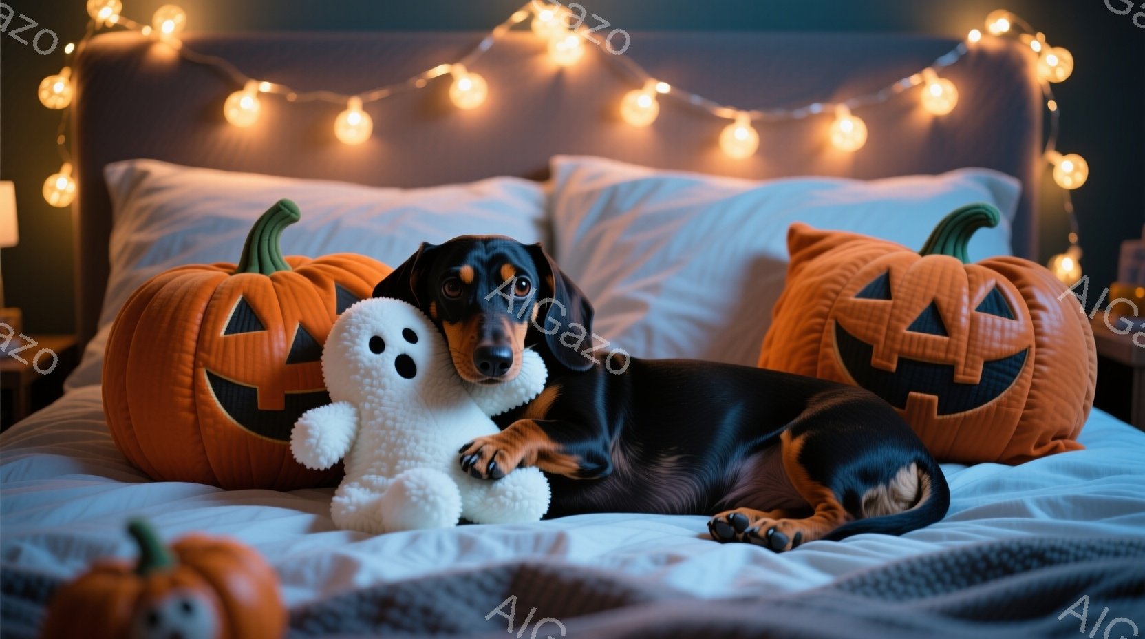 黒いダックスフンドが白いベッドの上で、ハロウィーンの白い幽霊のぬいぐるみとオレンジ色のジャック・オー・ランタンのクッションに挟まれて横たわっています。背景には、ベッドサイドテーブルや装飾カボチャが見え、暖色の電飾がベッドの上を照らしています。全体的に、ハロウィーンの温かく心地よい雰囲気が漂っています。