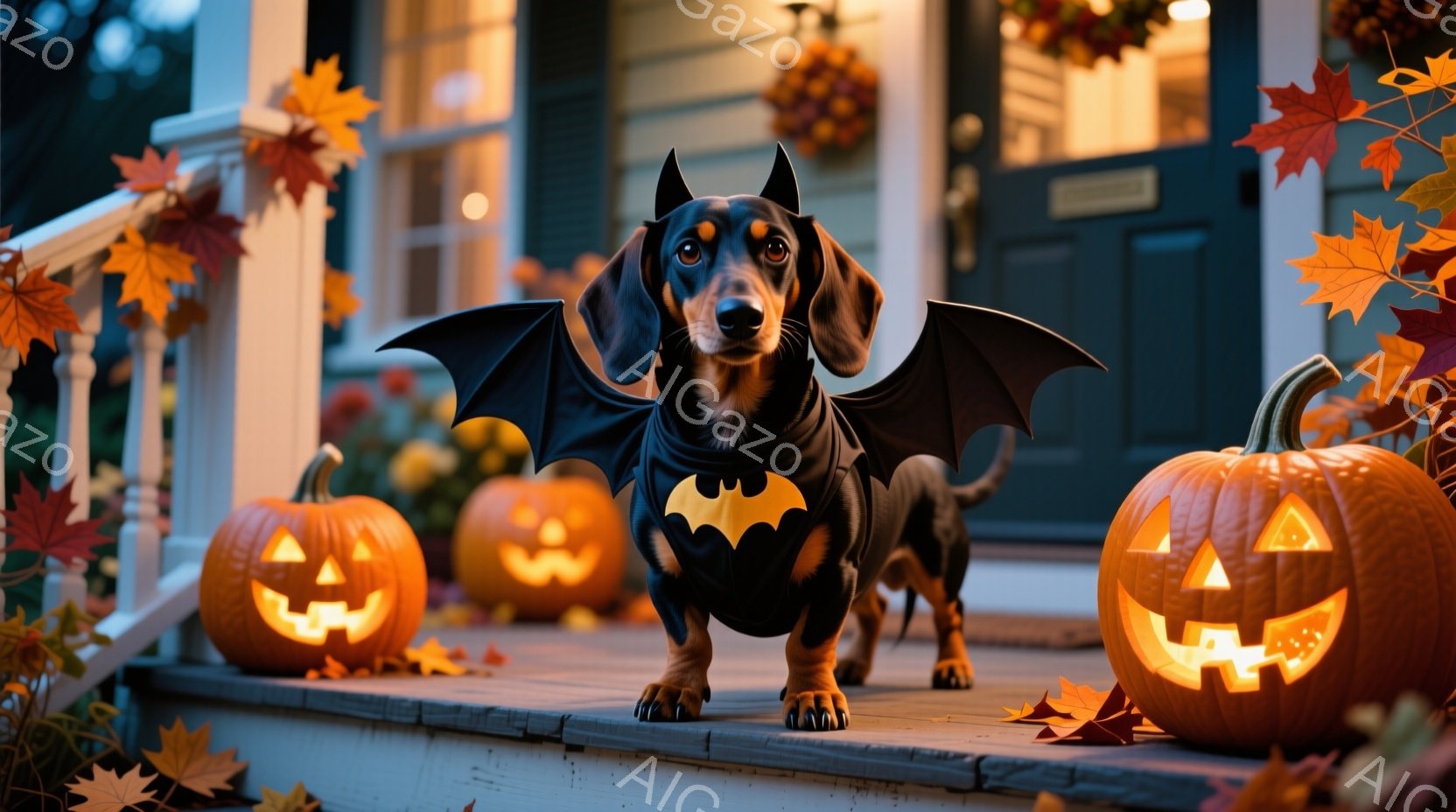 黒いダックスフンドが、ハロウィーンの夜に玄関ポーチでポーズをとっています。黒いコウモリの翼のコスチュームを身に着け、少し自慢げな表情で正面を見ています。背景には、ジャック・オー・ランタンが置かれ、落ち葉が舞い散る、秋のハロウィーンの温かく楽しい雰囲気が漂っています。