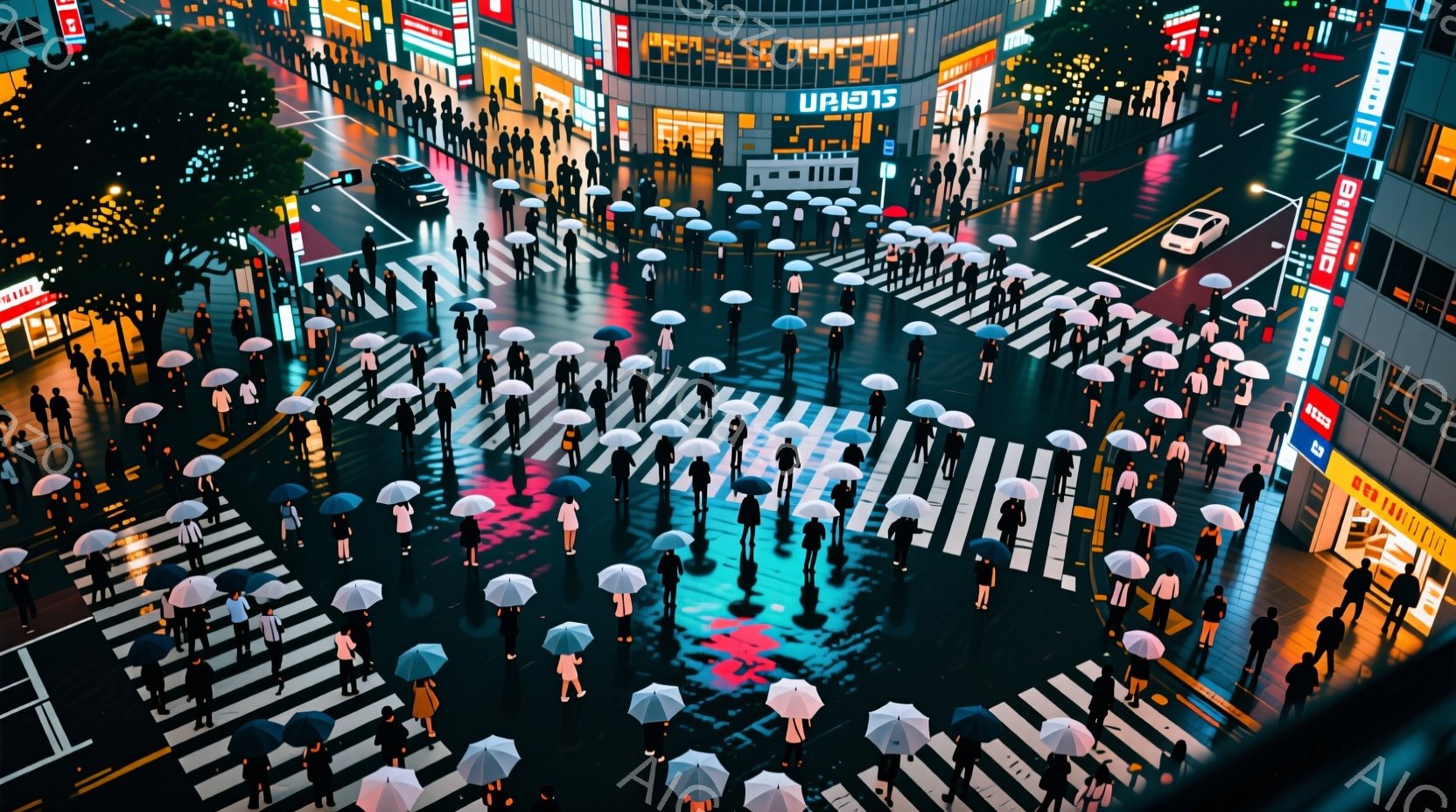 多くの人々が雨の中、傘をさして交差点で信号待ちをしている様子が捉えられています。服装は黒を基調としたビジネススーツが多く、髪型も短髪で整髪されている人が目立ちます。背景には高層ビル群が立ち並び、雨に濡れた路面が光を反射して幻想的な雰囲気を醸し出しています。