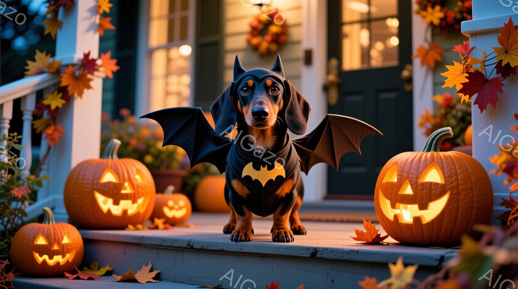 長い胴体のダックスフンドが、ハロウィーンのコスチュームであるコウモリの羽を付けて正面を向いています。背景には、彫刻が施されたジャック・オ・ランタンがいくつか配置され、家の玄関ポーチに飾られています。全体的に、秋の夕暮れを思わせる、暖かくお祝いムードに満ちたハロウィーンの雰囲気です。
