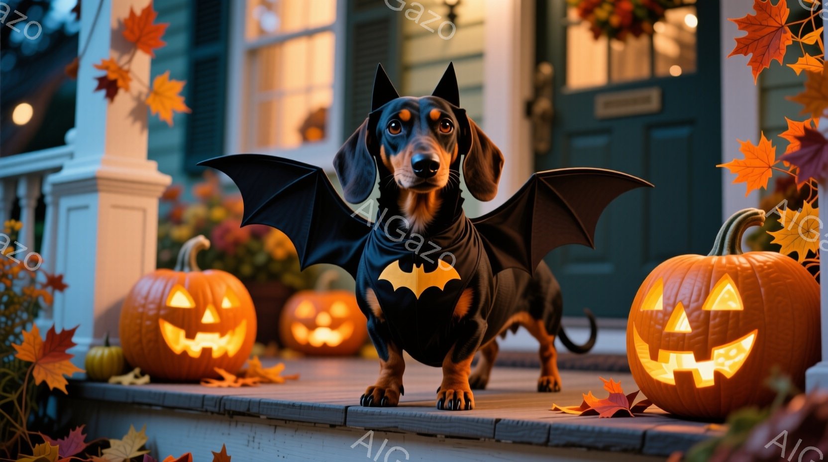 黒いダックスフンドが、ハロウィーン用のコウモリの翼と首輪をつけて、家のポーチに立っています。周囲にはジャック・オー・ランタンが置かれ、背景には飾り付けられた玄関と、落ち葉が散らばる庭が見えます。全体的に暖かく、楽しいハロウィーンの雰囲気が漂っています。