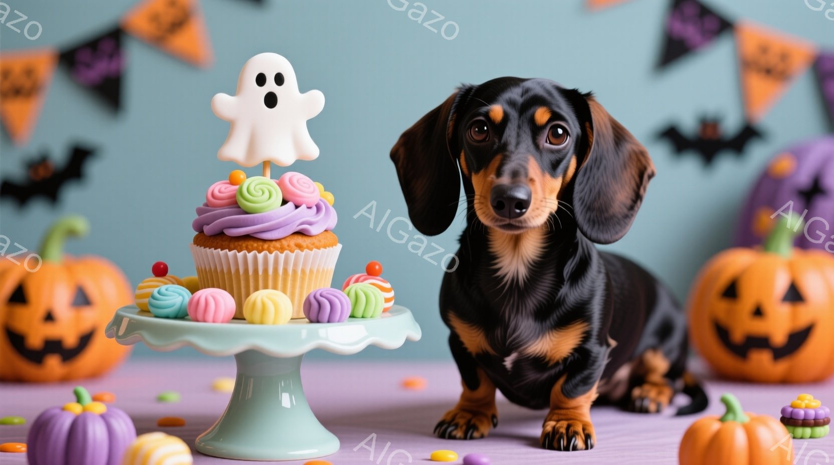 ダックスフントが、ハロウィーンをテーマにしたセットの前に座っています。紫色のケーキスタンドには、ホーストが飾られたカップケーキやマカロンが並べられ、周りにはカラフルなキャンディーと紫とオレンジのハロウ - AI生成フリー素材