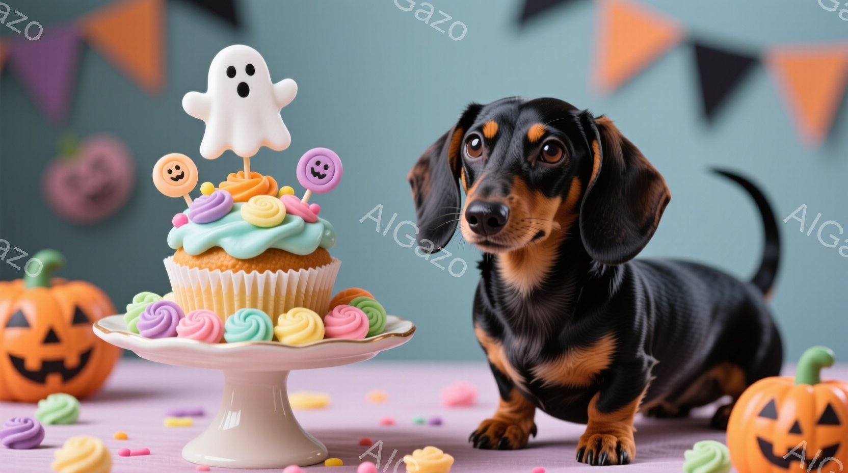 ダックスフントが紫色のテーブルの上に立っており、クリームが塗られたカップケーキの盛り合わせの隣にいます。背景にはハロウィーンの飾り付け、例えばカボチャのランタンやオレンジと紫の旗が描かれており、お菓子 - AI生成フリー素材