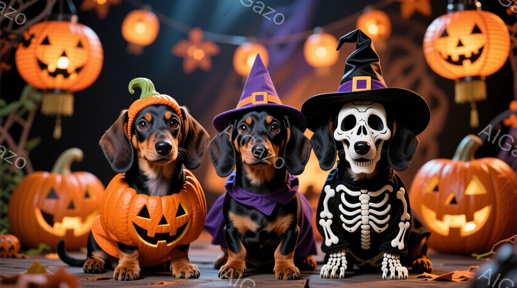 ダックスフンドの犬が3匹、それぞれハロウィンの仮装をして並んでいます。左の犬はかぼちゃの衣装、真ん中の犬は魔女の帽子とマント、右の犬はガイコツの衣装を着ています。背景にはオレンジ色のジャック・オー・ランタンがいくつかあり、全体的にハロウィンの楽しい雰囲気が漂っています。