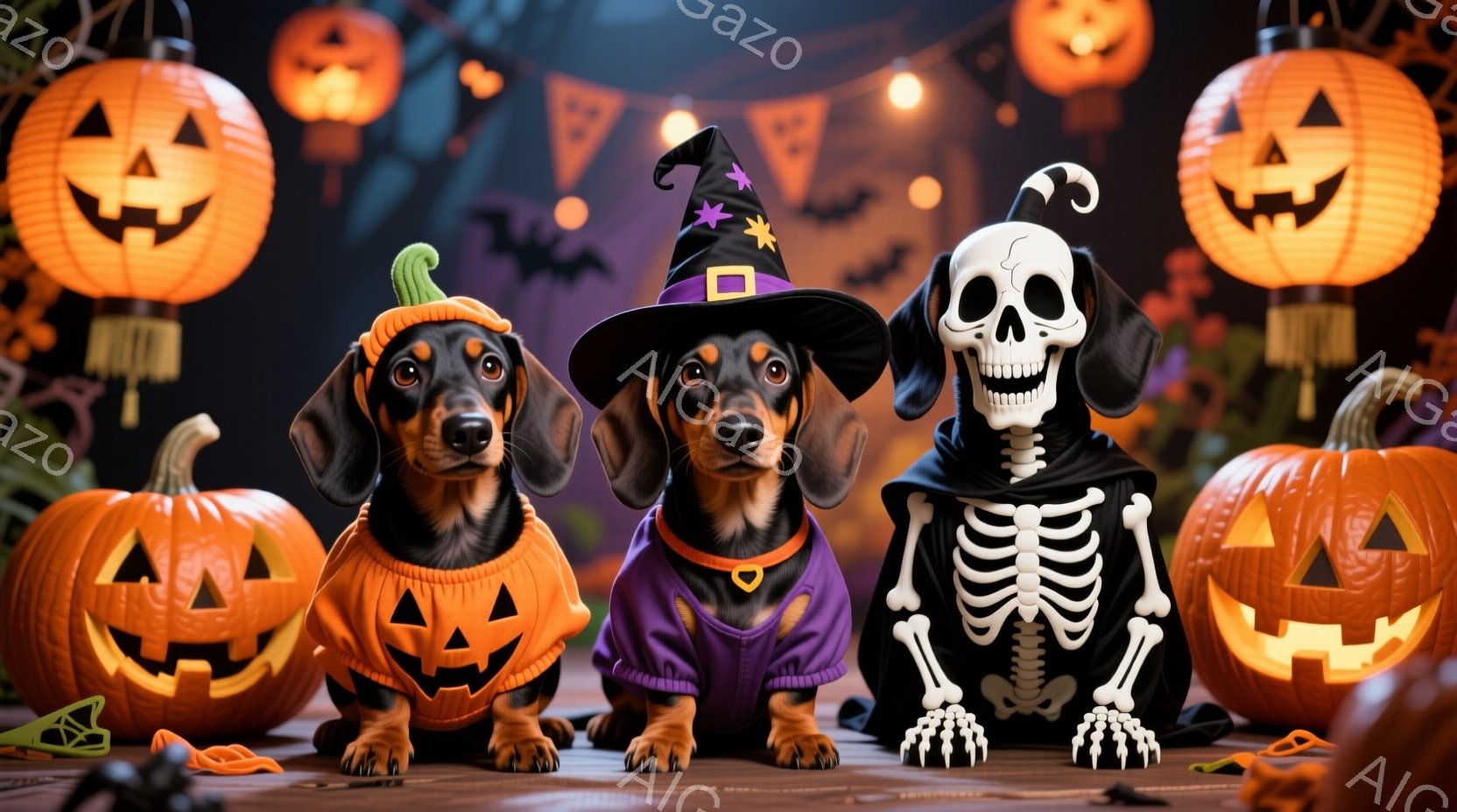 3匹のダックスフントがハロウィーンの衣装を着て、カボチャに囲まれて座っています。左の犬はオレンジ色のカボチャの衣装、中央の犬は紫色の魔女の衣装と帽子、そして右の犬は骸骨の衣装を着ています。背景には、点 - AI生成フリー素材