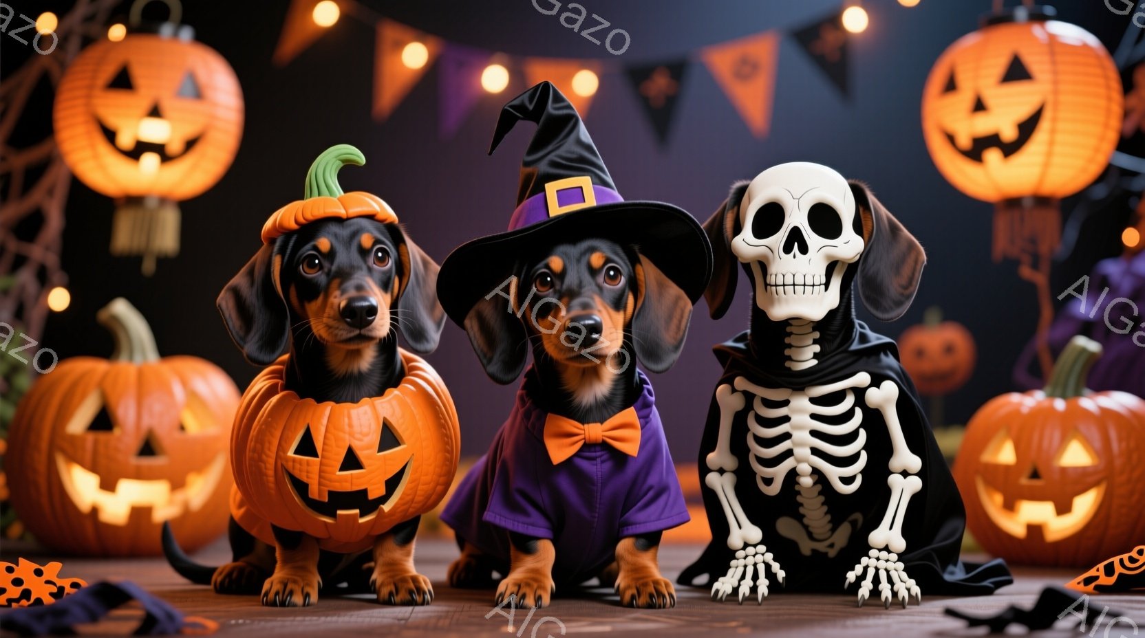 ハロウィーンの飾り付けられた背景を背景に、3匹のダックスフントが並んでいます。左端の犬はカボチャの衣装を着て、中央の犬は紫色のドレスと帽子を着用し、右端の犬は骸骨の衣装を着ています。全体的に、お祝いと陽気なハロウィーンの雰囲気を醸し出しています。