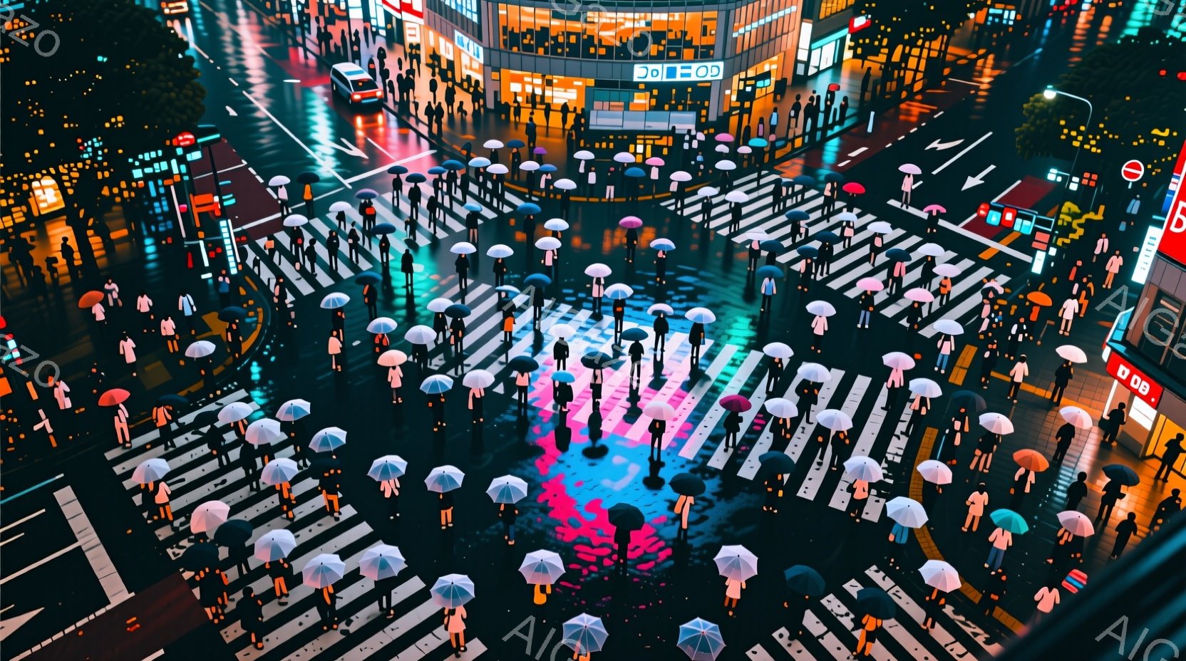 雨の夜、東京のスクランブル交差点が、無数の傘を持つ人々で埋め尽くされています。人々は皆、黒や暗い色の服装で、顔は判別できませんが、一様に前を向いて歩行しています。背景には、ネオンサインが輝く高層ビル群がそびえ立ち、濡れた路面に反射して幻想的な光景を作り出しています。