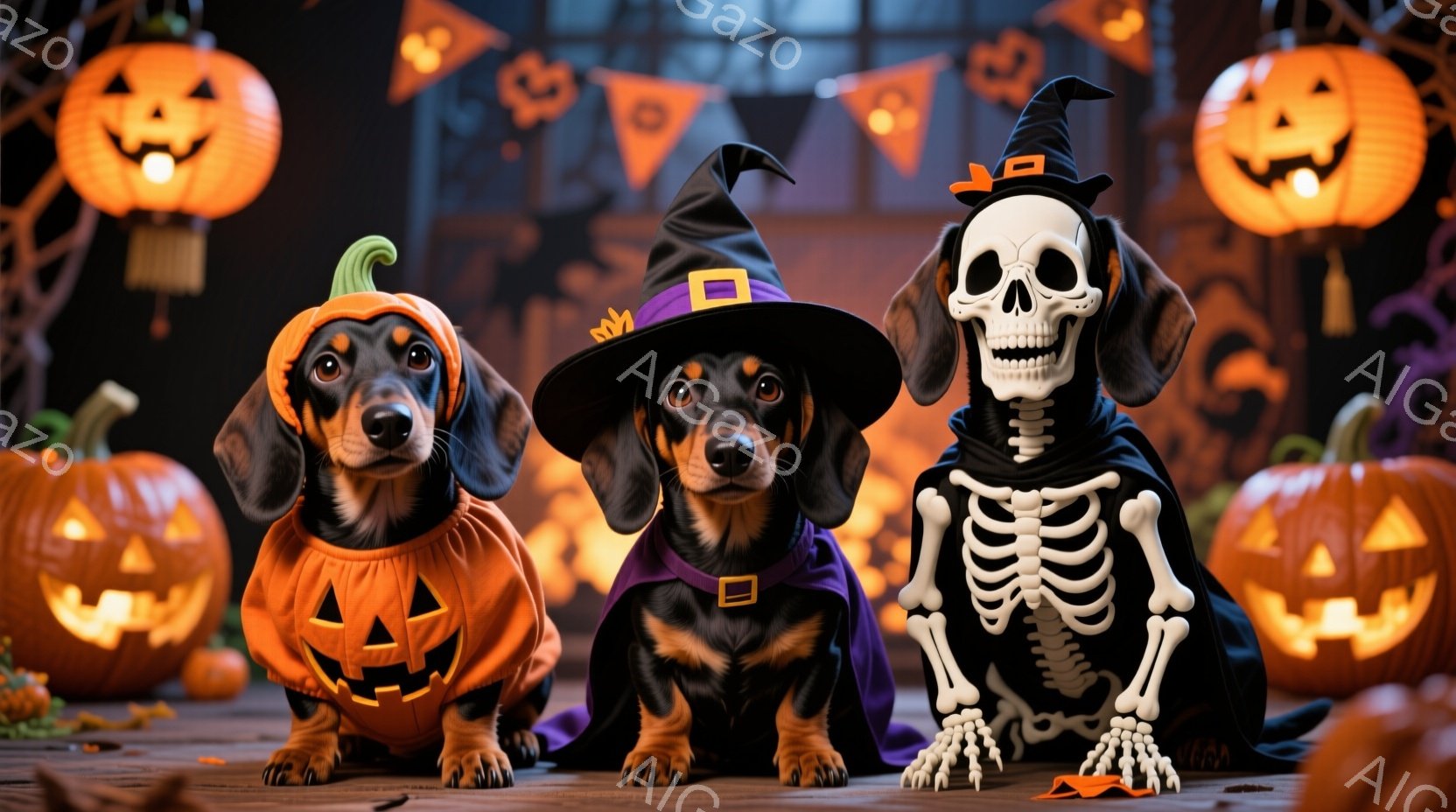 三匹のダックスフンドがハロウィーンの衣装を着て座っています。一番左はカボチャの衣装、真ん中は紫色のマントと帽子、一番右は骸骨の衣装を着ており、それぞれ異なる表情でカメラを見ています。背景には光るカボチャのランタンとハロウィーンの飾り付けがあり、全体的に陽気で楽しいハロウィーンの雰囲気を醸し出しています。