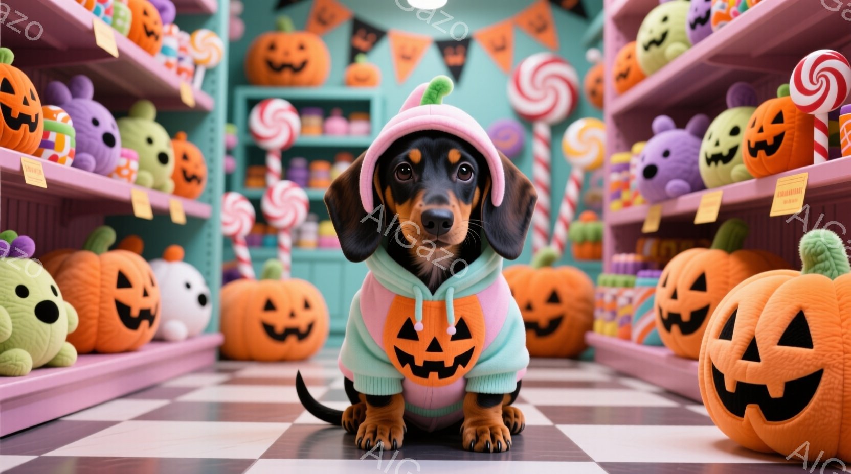 ダックスフントがハロウィーンの衣装を着て、カメラの正面をまっすぐ見ています。オレンジ色のカボチャの模様が描かれた水色のセーターと帽子を身に着け、可愛らしい表情をしています。背景には、さまざまなハロウィーンのお菓子やカボチャが並び、お菓子屋さんのような雰囲気です。