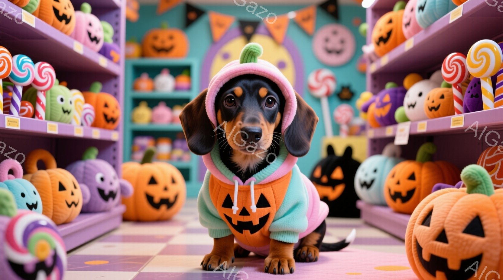 茶色と黒のダックスフンドが、ハロウィーンをテーマにした衣装を着て、正面を向いて座っています。オレンジ色のカボチャ柄のパーカーと、同じ色の帽子を被っており、可愛らしい表情をしています。背景には、カラフルなカボチャのおもちゃやキャンディーが並んだ棚があり、全体的に明るく楽しいハロウィーンの雰囲気です。