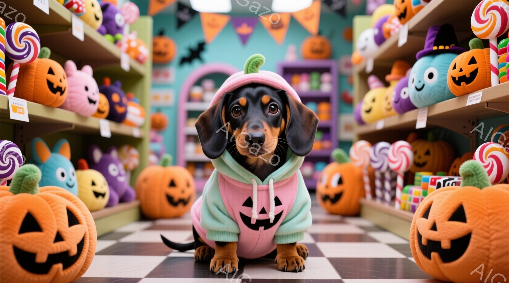 ダックスフントがハロウィーンの衣装を着ています。オレンジ色のカボチャの帽子とセーターを着て、背景にはカラフルなハロウィーンのお菓子や装飾が並び、お祭りのような楽しい雰囲気を醸し出しています。犬はカメラに向かって正面を向き、落ち着いた表情で座っています。