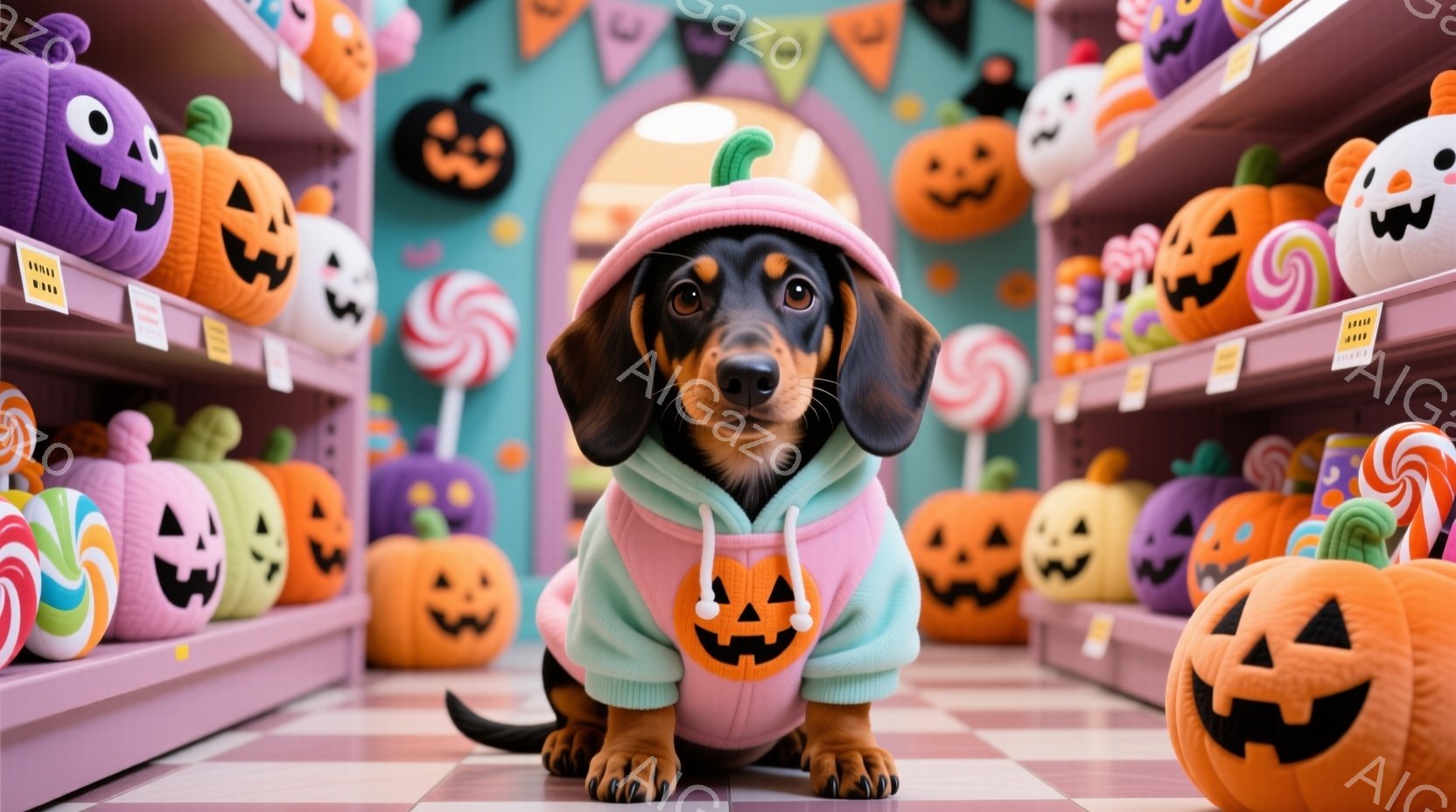 ダックスフントがハロウィーンをテーマにした背景の前でポーズをとっています。ピンク色のカボチャの模様が入ったセーターを着て、同じ色の帽子をかぶっています。背景には、カボチャのぬいぐるみやカラフルなキャンディが並び、楽しいハロウィーンの雰囲気を醸し出しています。