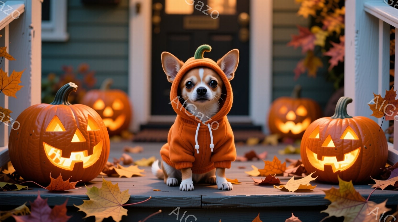 白と黒の毛並みを持つチワワが、オレンジ色のパーカーを着て、階段の上に座っています。周りには彫刻が施されたカボチャのランタンが置かれ、落ち葉が散りばめられており、ハロウィンの雰囲気です。背景には青い壁の家が見え、全体的に暖かく、お祝いムードが漂っています。