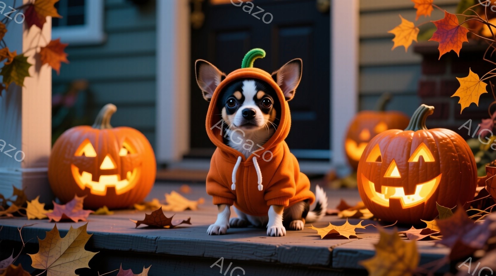 小さな犬が、オレンジ色のパーカーを着て、階段の上に座っています。パーカーには緑色の紐がついており、可愛らしい印象を与えます。背景には、ジャック・オー・ランタンが並べられ、散らばった紅葉が秋の雰囲気を盛 - AI生成フリー素材