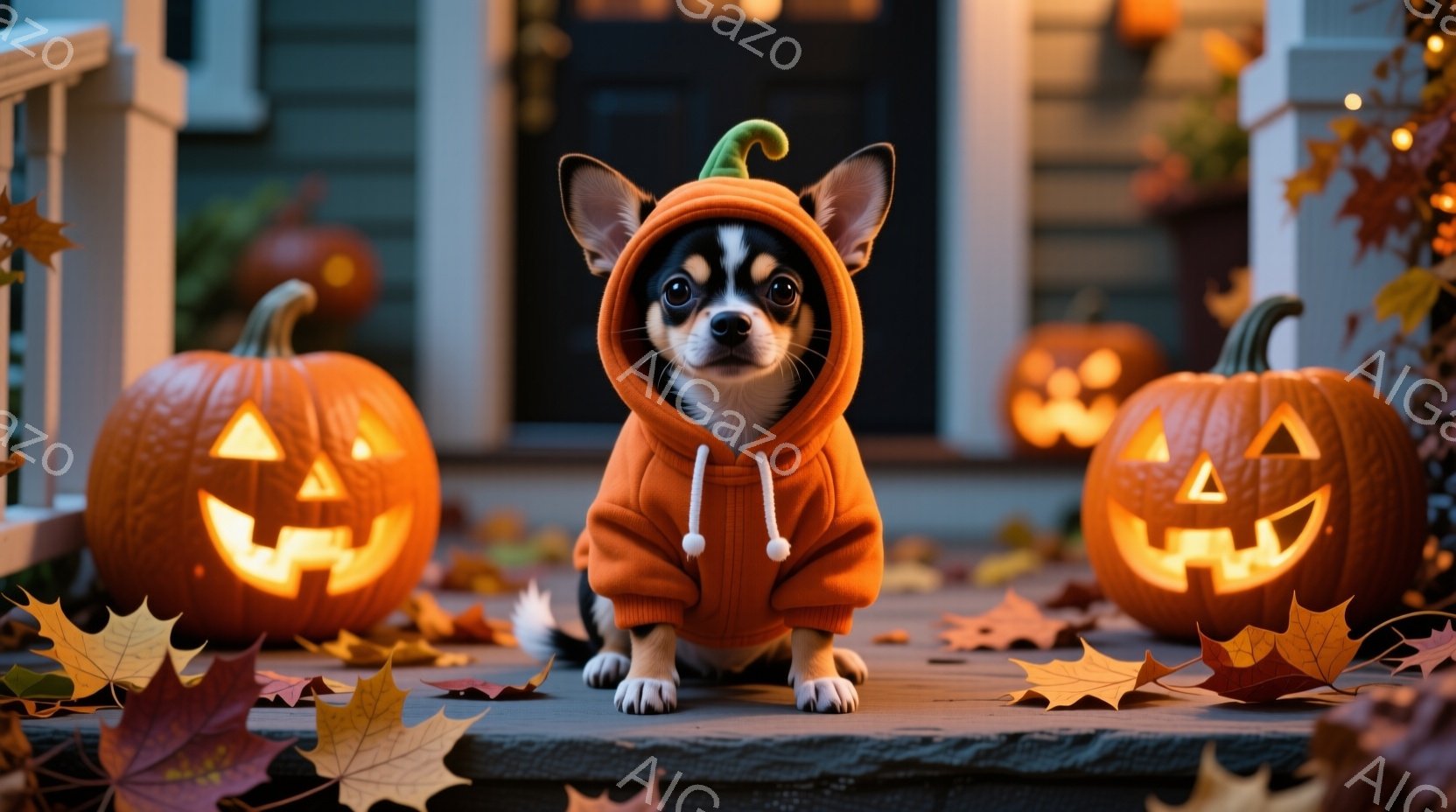 小さなチワワが、ハロウィーンらしいオレンジ色のパーカーを着て、玄関の段に座っています。周りには、くり抜かれたジャック・オ・ランタンや紅葉の落ち葉が散らばり、秋の夜の温かく楽しい雰囲気を醸し出しています - AI生成フリー素材