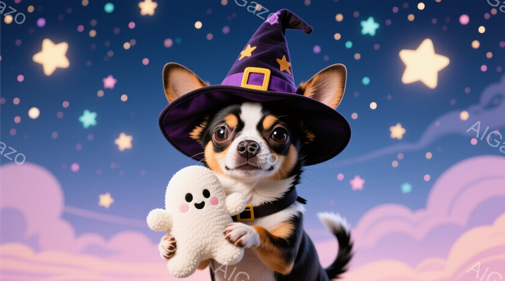 黒と焦げ茶色の毛並みをしたチワワが、ハロウィーン風の黒い帽子を被り、片手に白いお化けのぬいぐるみを抱えています。犬はカメラに向かって少し上目遣いで微笑んでおり、その表情は愛らしくて陽気です。背景はパス - AI生成フリー素材