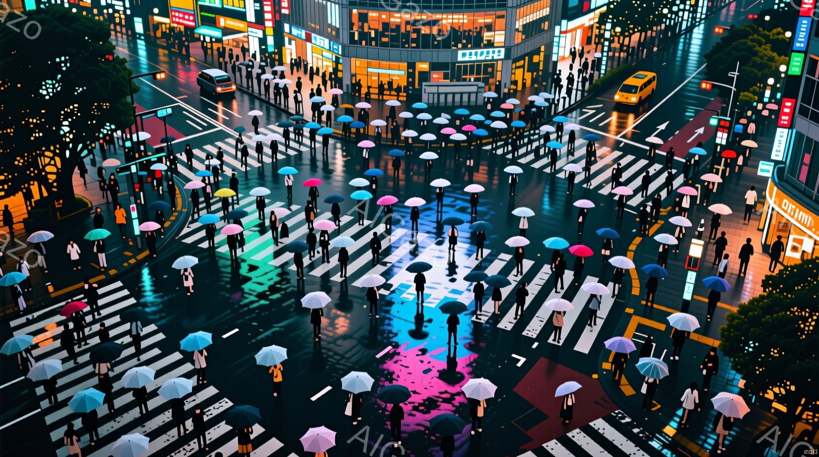 多くの人々が傘をさして交差点を渡っている夜の賑やかな街並みだ。人々は皆同じような服装で、黒髪で、表情ははっきりとは見えないが、忙しなく歩いている様子が伝わる。背景には高層ビルが立ち並び、ネオンサインが光り、雨に濡れた路面が光を反射して幻想的な雰囲気を醸し出している。