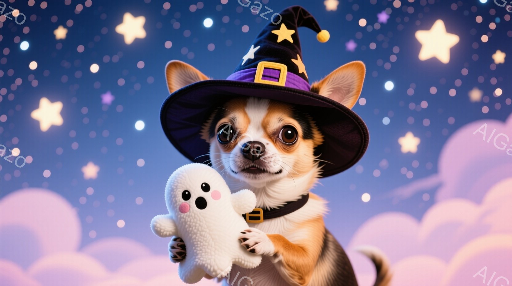 小さなチワワが、紫色の魔女帽子をかぶり、首にはオレンジ色の首輪をつけています。抱きかかえているのは、可愛らしい白いお化けのぬいぐるみで、少しいたずらっぽい表情を浮かべています。背景は、雲と星が散りばめ - AI生成フリー素材