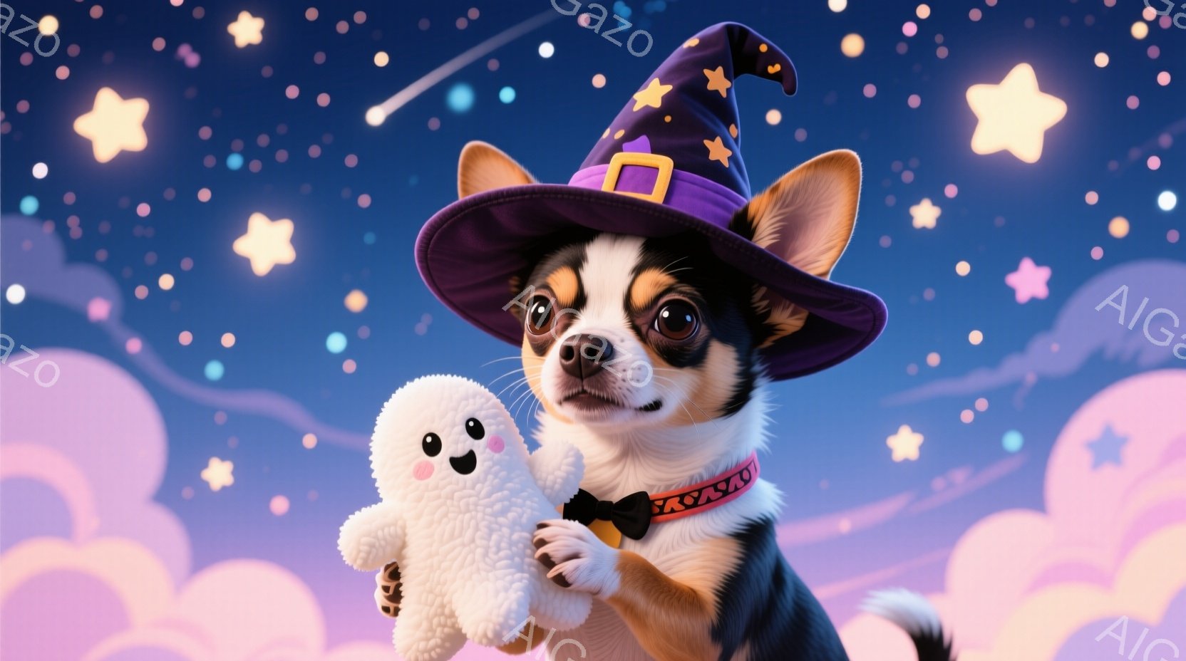 茶色の毛並みをしたチワワが、紫色の魔女帽子をかぶり、白いお化けの人形を抱えています。犬は正面を見つめ、少し微笑んでいるような表情で、可愛らしいポーズをとっています。背景は夜空を思わせる濃い紫色で、星や - AI生成フリー素材