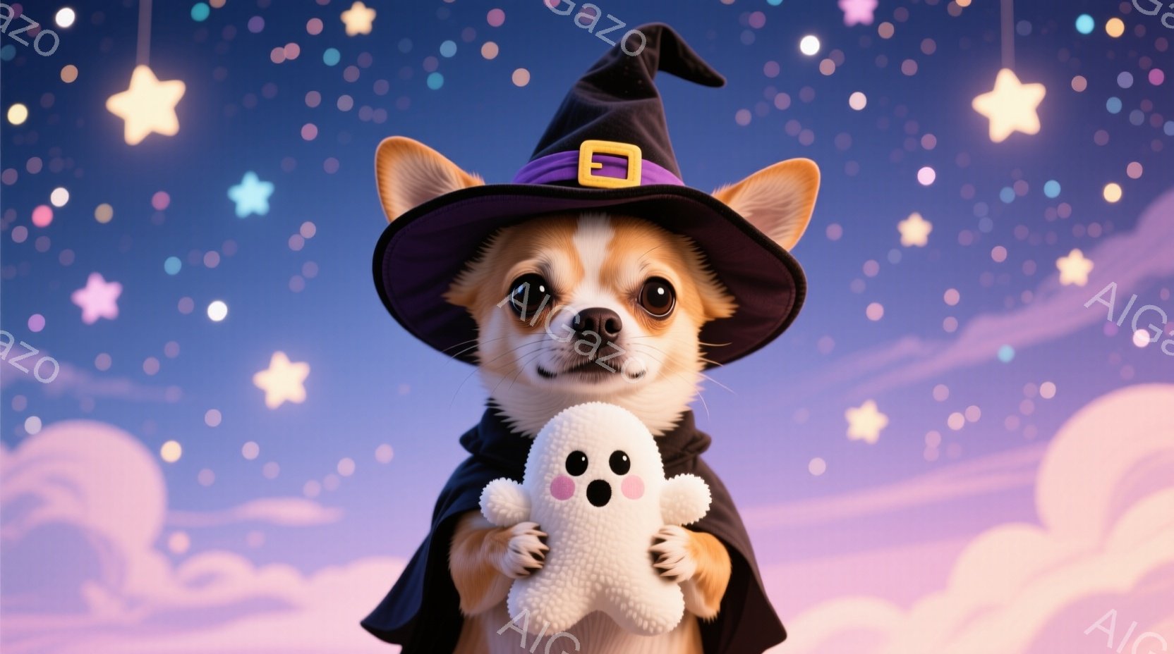 茶色のチワワが、紫色の魔法使いの帽子と黒いマントを身に着けています。両手で白い幽霊のぬいぐるみを抱え、少し微笑んでいるように見えます。背景は、紫とピンクのグラデーションで、たくさんの星と雲が浮かび、ハ - AI生成フリー素材