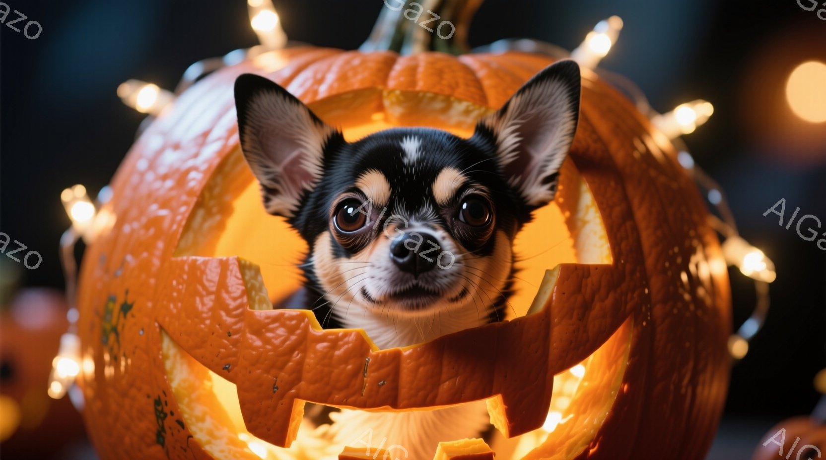 小さなチワワが、ジャック・オー・ランタンのようにくり抜かれたカボチャの中に頭を出しています。カボチャは内部からオレンジ色の光で照らされ、犬の顔は好奇心と少しの困惑を湛えた表情をしています。背景には、ぼ - AI生成フリー素材