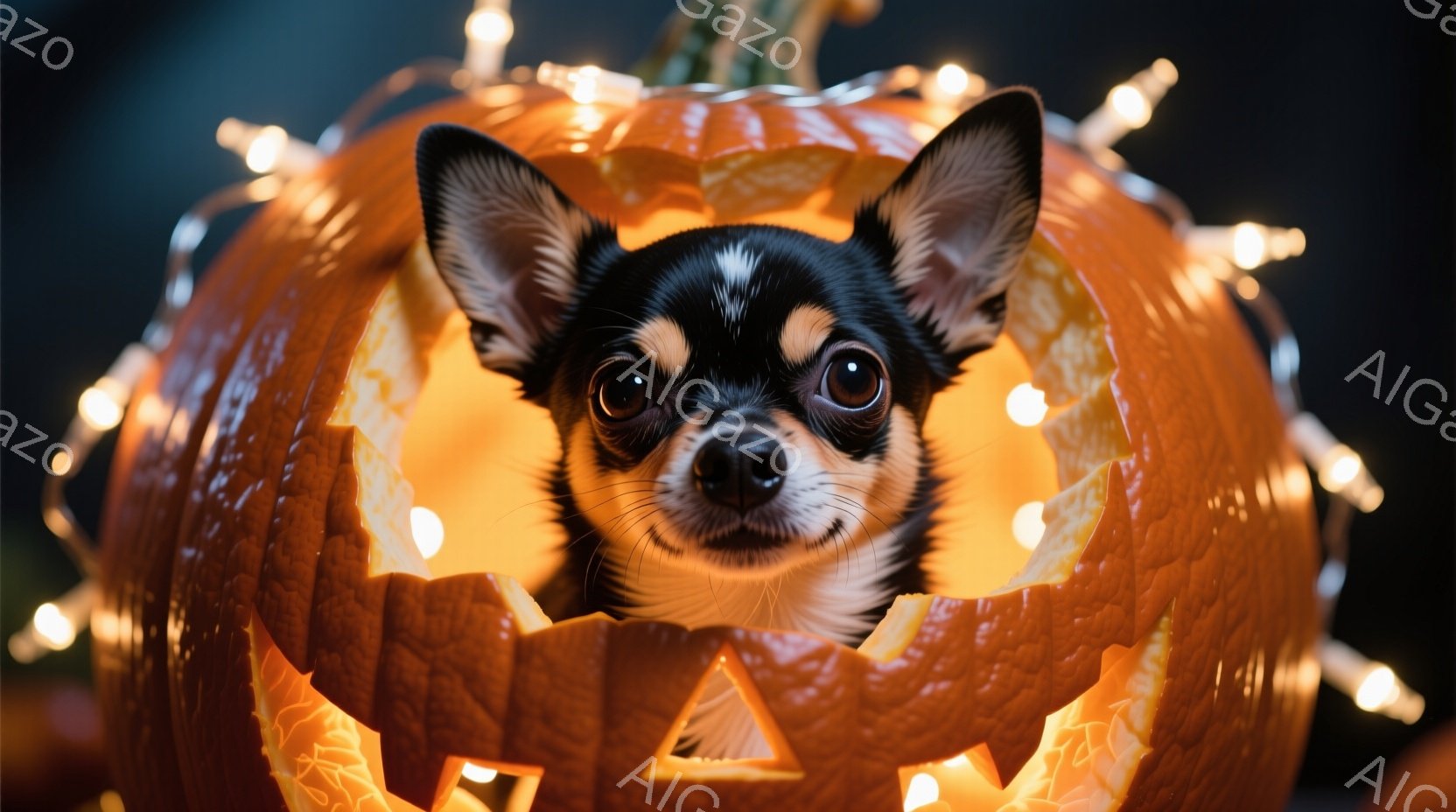 小さなチワワがくり抜かれたオレンジ色のカボチャの中に頭を出しています。カボチャはハロウィーンのランタンとして飾られており、内部から暖かくオレンジ色の光が漏れています。背景にはぼんやりとした光のストリン - AI生成フリー素材