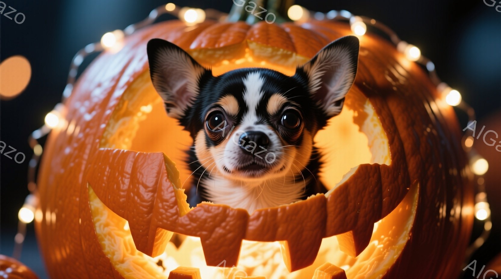 小さなチワワが、ジャック・オー・ランタンのようにくり抜かれたオレンジ色のカボチャの中に顔を出しています。カボチャは不気味な笑顔の切り込みが施され、内部は明るいオレンジ色に照らされています。背景にはぼんやりとした光の連なりがあり、ハロウィーンの楽しい雰囲気を醸し出しています。