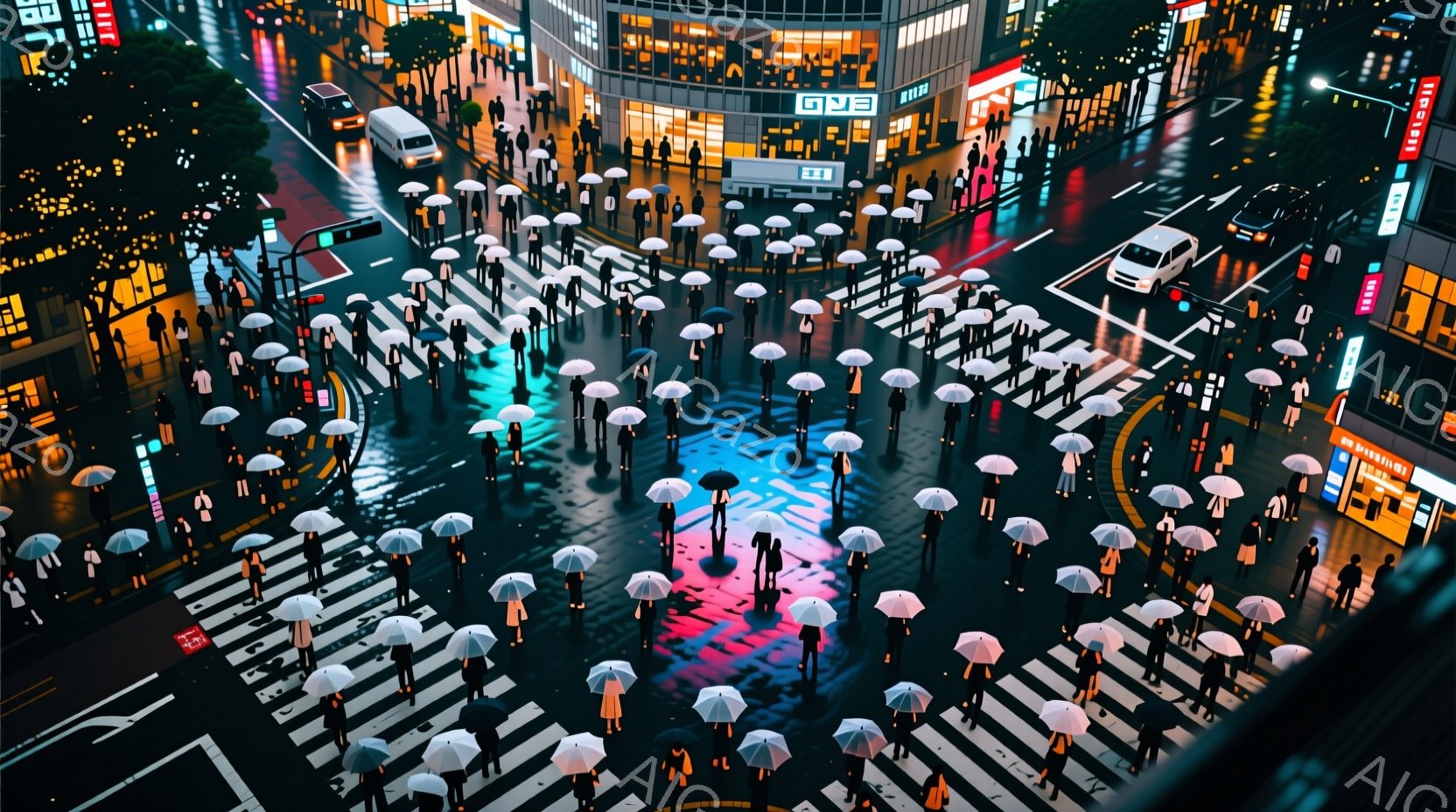 雨の夜、渋谷のスクランブル交差点は、多くの人々が傘をさして渡っている様子が捉えられています。人々は概ね黒い服を着ており、頭髪や表情は暗闇の中で判別しづらいですが、足早に行動しています。背景には高層ビル - AI生成フリー素材