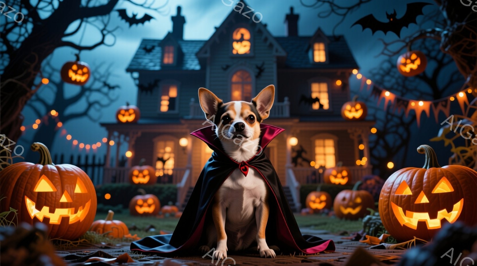 小さなチワワがハロウィーンの衣装である黒いマントを身に着けて正面を向いて座っています。背景には、ジャック・オ・ランタンで飾られた不気味な屋敷と、暗い夜空に浮かぶコウモリが見えます。全体的に、ハロウィー - AI生成フリー素材