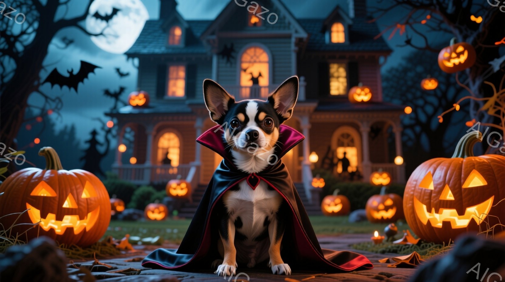 白と黒のチワワが、赤い襟付きの黒いマントを羽織って座っています。背景には、ハロウィーンのランタンで飾られた大きな屋敷と、月明かりの下で飛ぶコウモリ、そしてオレンジ色のカボチャが並んでいます。全体的に不 - AI生成フリー素材