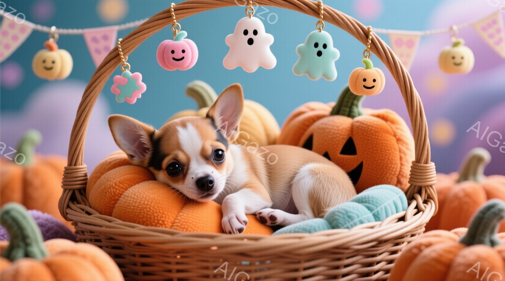 小さなチワワの子犬が、ハロウィーンの装飾がされたバスケットの中で丸まって眠っています。オレンジ色のカボチャのぬいぐるみと水色のフチが付いたタオルが敷かれたバスケットは、可愛らしいハロウィーンの背景に置 - AI生成フリー素材