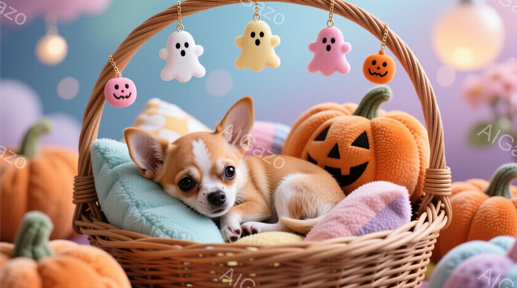 小さなチワワが、オレンジ色のカボチャと水色の毛布に囲まれた籐の籠の中に横たわっています。籠の上には、ピンクと白の可愛らしいお化けの飾り付けがぶら下がっており、背景にはぼやけたオレンジ色のカボチャが並ん - AI生成フリー素材
