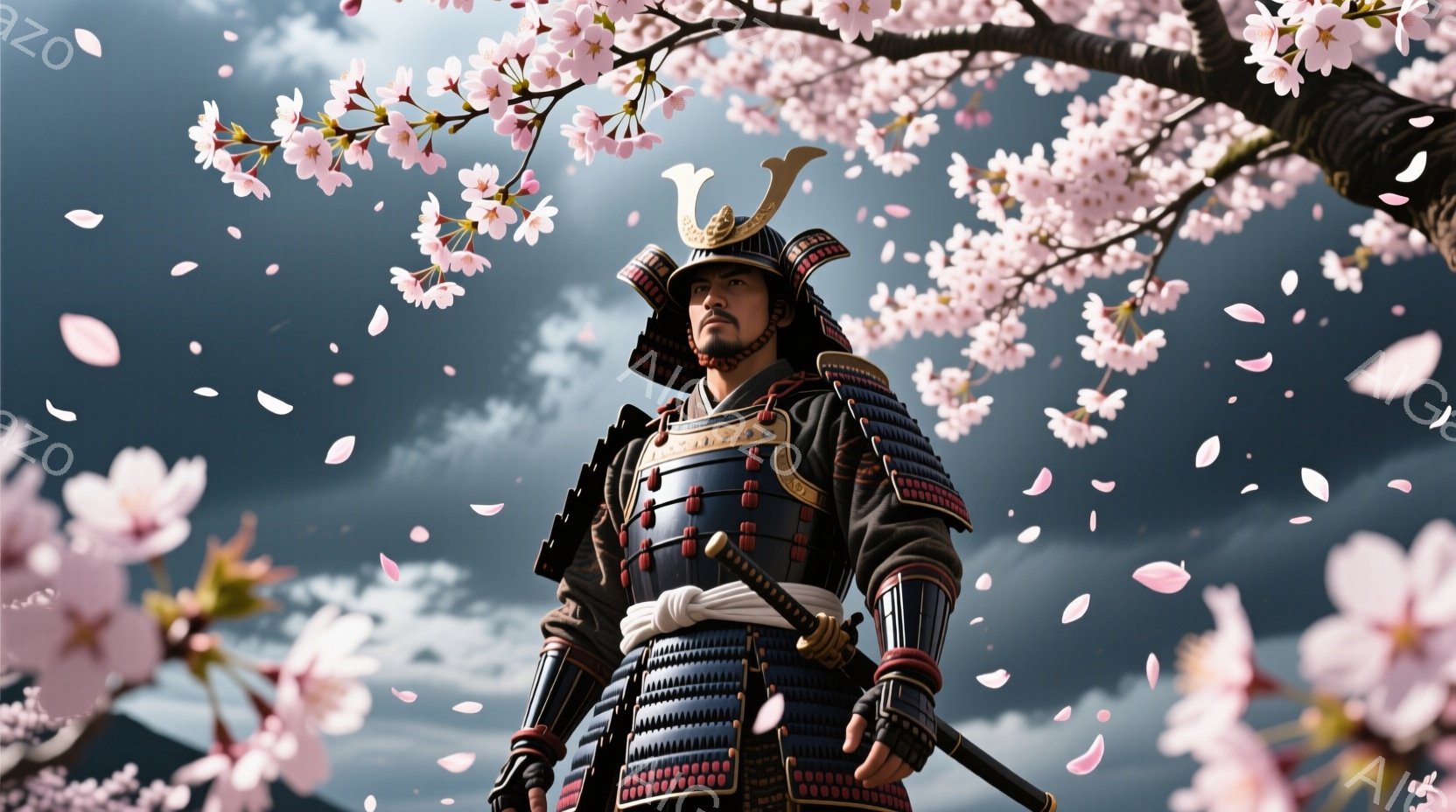 鎧兜を身につけた武士が、桜の木の下に立っている。表情は真剣で、凛々しい姿は春の景色と相まって、力強さと美しさを感じさせる。背景には、桜の花びらが舞い散り、薄暗い空が春の儚さを強調している。