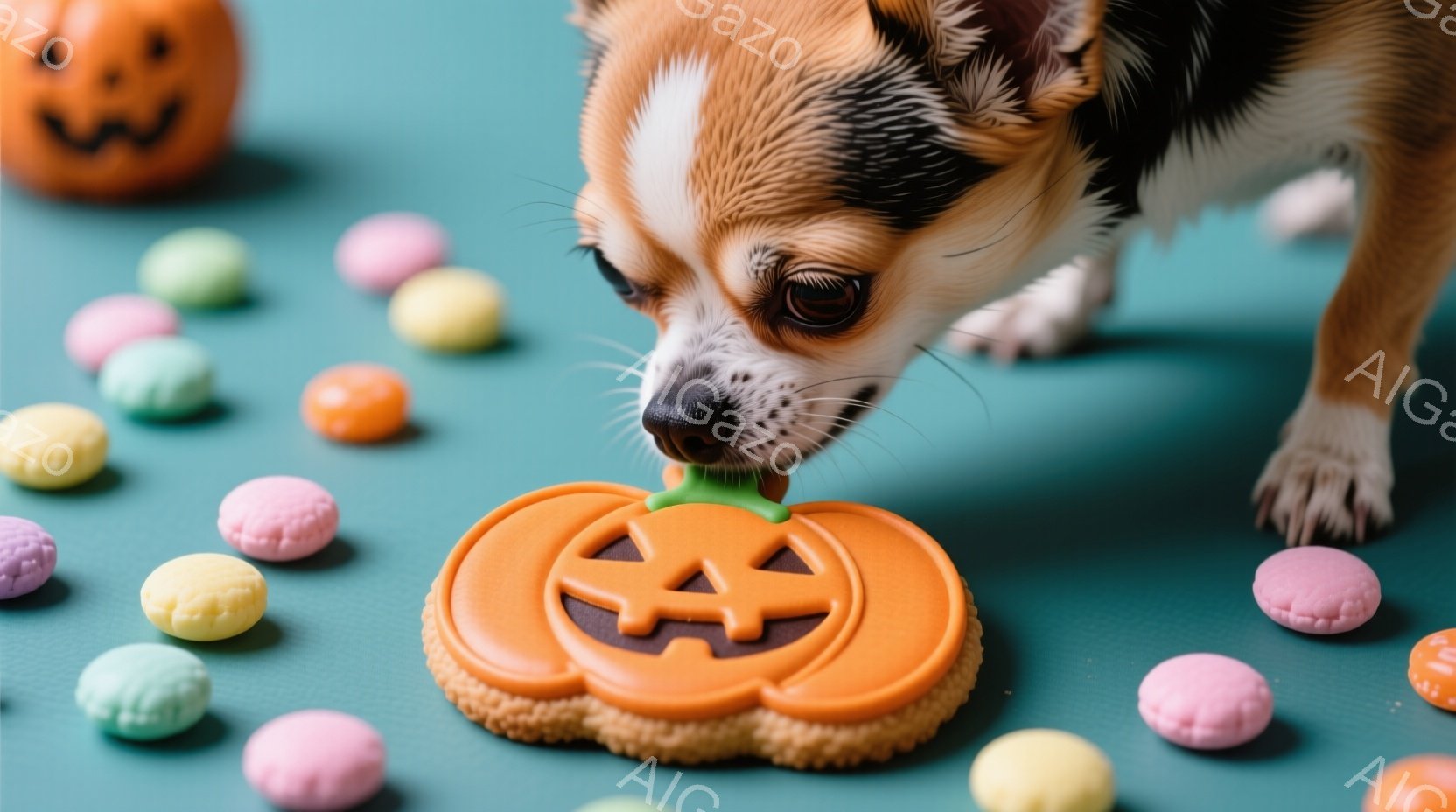 小さなチワワが、ハロウィーンのパンプキン型の犬用おやつを口にくわえています。背景には、パステルカラーのマカロンが散りばめられており、全体的に明るく楽しい雰囲気です。青緑色の背景が、ハロウィーンのおやつとチワワの毛並みを際立たせています。