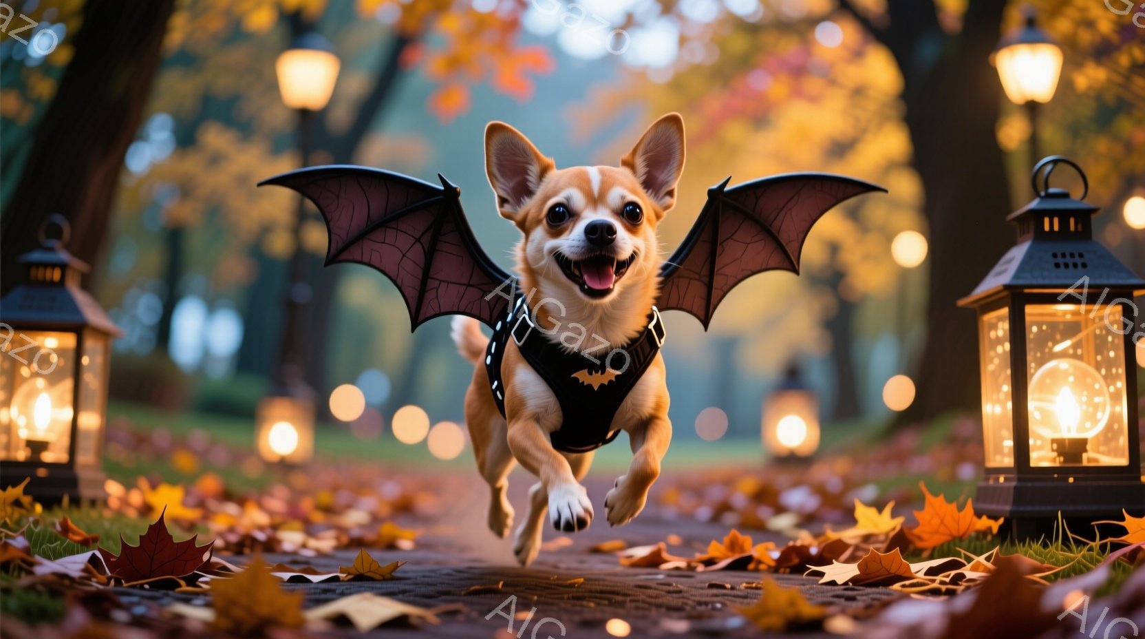 茶色の毛並みの小型犬が、ハロウィーンの蝙蝠の翼を付けて、落ち葉が敷き詰められた道を駆けている。犬は口を開けて笑顔を見せ、楽しそうな表情をしている。背景には、点灯された提灯が並び、秋の暖かく幻想的な雰囲 - AI生成フリー素材