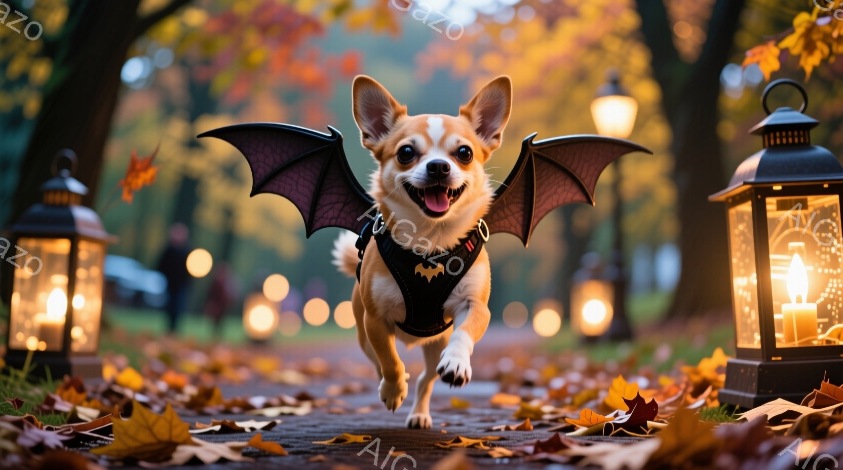 鮮やかな秋色の落ち葉が敷き詰められた遊歩道を、翼をつけた小さなチワワが駆けている。黒いハーネスと翼がハロウィーンらしさを演出し、犬は嬉しそうに口を開けて楽しんでいる様子だ。背景にはぼんやりと木々が見え - AI生成フリー素材