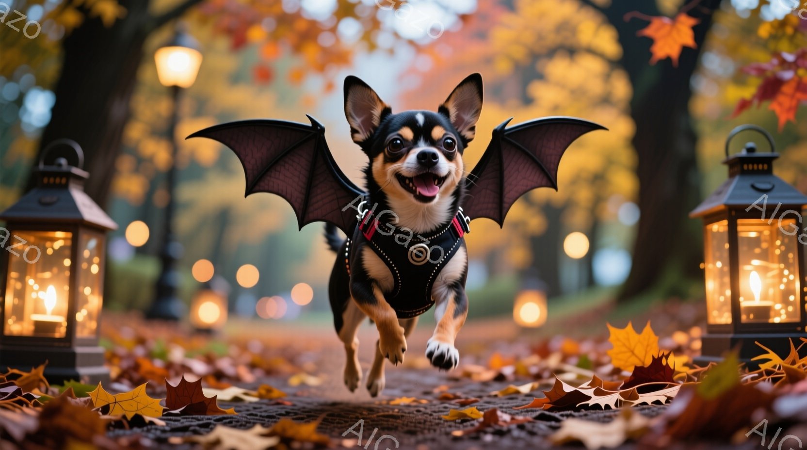 黒と茶色のチワワが、翼を付けて地面を駆け抜けている。背景には落ち葉が散らばり、ぼんやりとした光を放つ提灯が並び、秋の公園の暖かい雰囲気が漂っている。犬は口を開けて楽しそうに走り、まるでハロウィーンのコスチュームを着ているかのようだ。