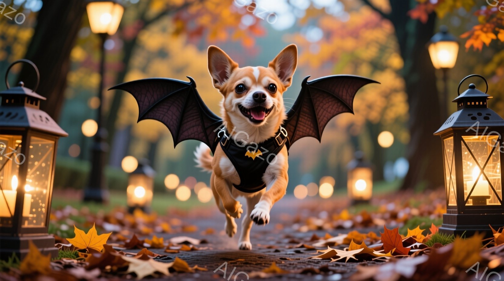 チワワがハロウィーンの衣装である黒い翼とベストを着て、落ち葉が散らばる道を駆けている。犬は口を開けて楽しそうに走り、その表情は喜びで満ち溢れている。背景にはぼやけた木々と灯りのともったランタンが並び、 - AI生成フリー素材
