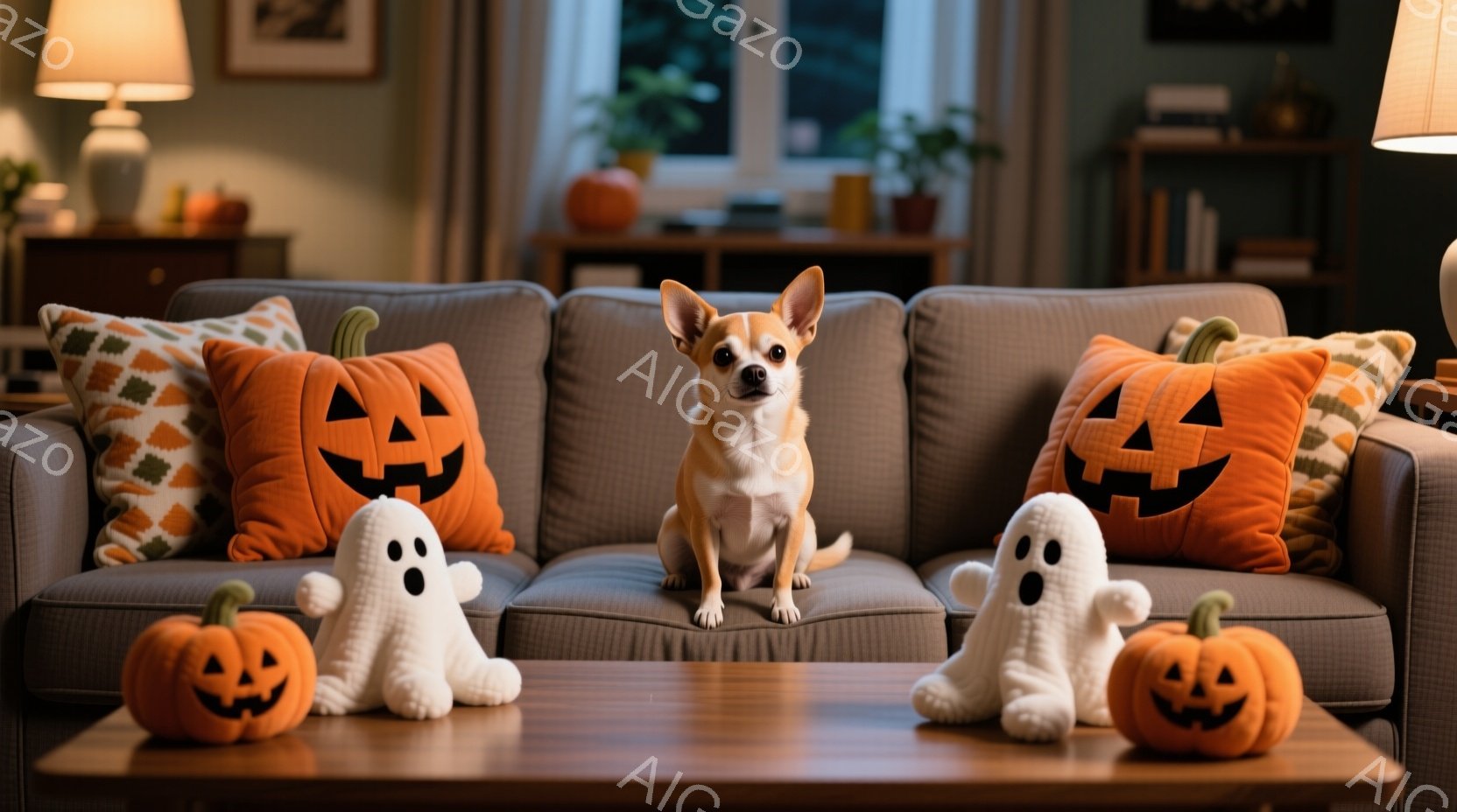 ソファに座っている小さな犬が中央にいます。周囲にはハロウィーンの装飾、特にカボチャのクッションとゴーストの置物が並べられています。背景には窓からの光、観葉植物、そして本棚が見え、温かく居心地の良い雰囲 - AI生成フリー素材
