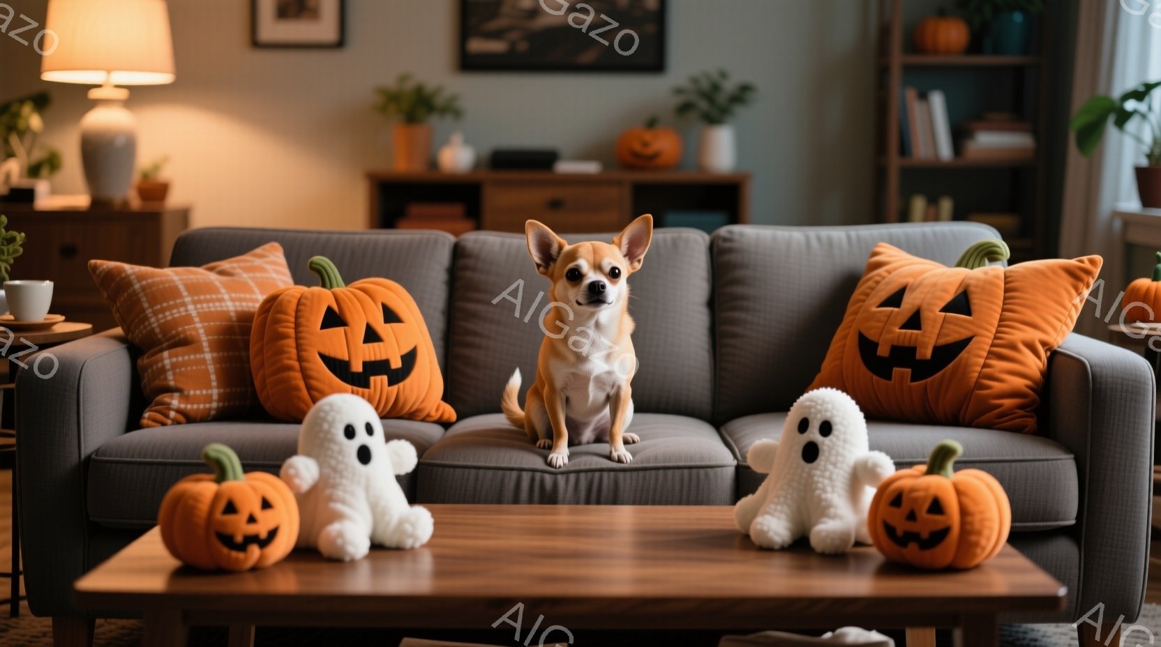 灰色のソファに小さな茶色の犬が座っており、ハロウィーンの飾り付けが周囲に置かれています。背景には木製の棚と植物があり、温かく落ち着いた雰囲気です。犬は正面を見ており、控えめな表情で、ハロウィーンの装飾 - AI生成フリー素材